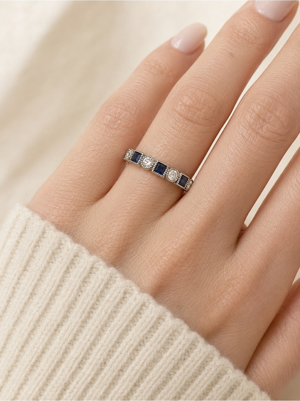 Blue & White CZ Eternity Ring White Gold Plated Silvertone Princess Cut